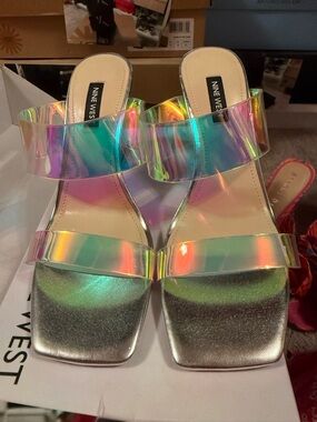 Nine West Iridescent Holographic Double-Strap Slide Mules - Silver